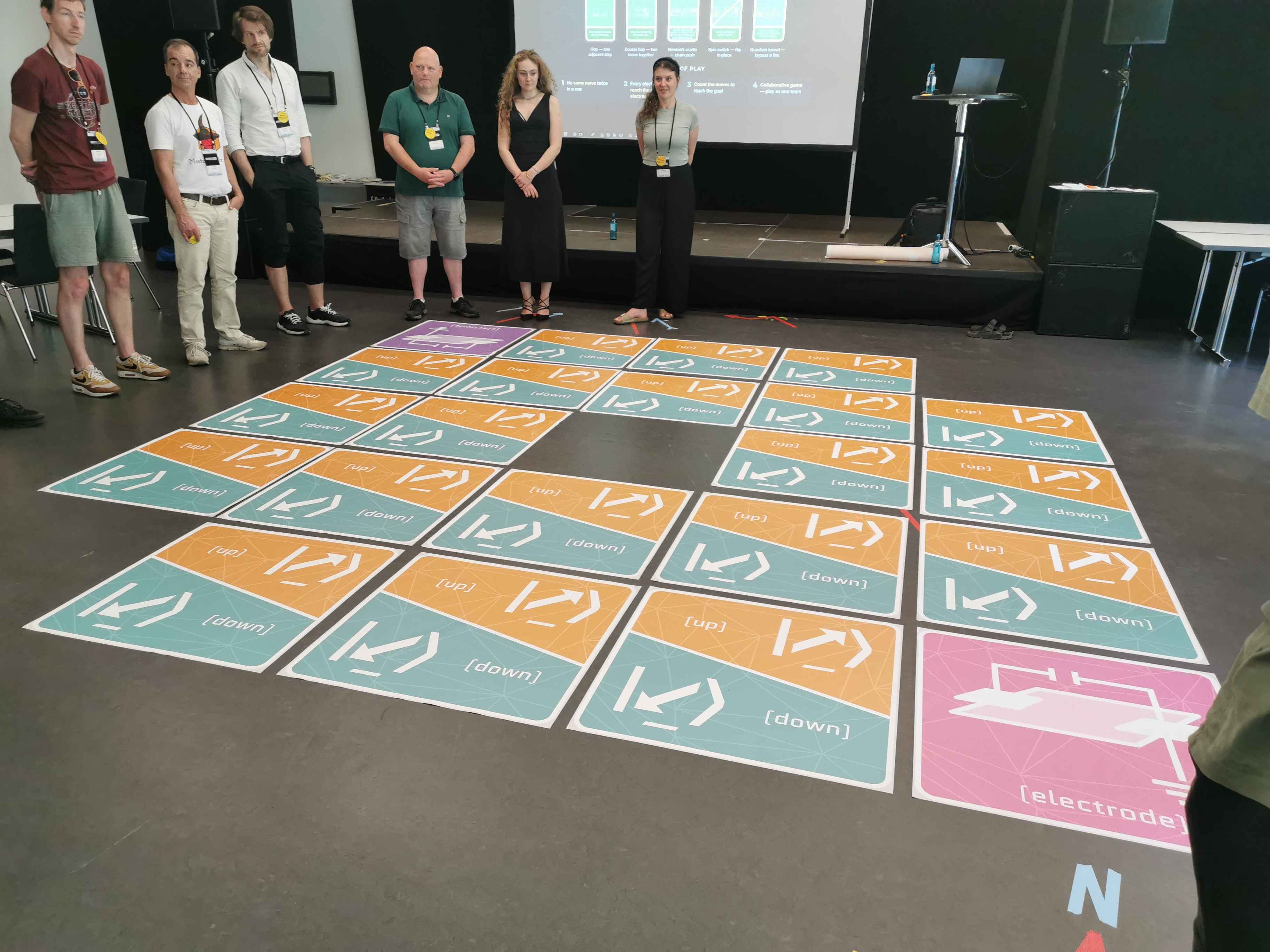 The full |HOP⟩ floor grid with participants lined up behind it and the five movements shown on screen