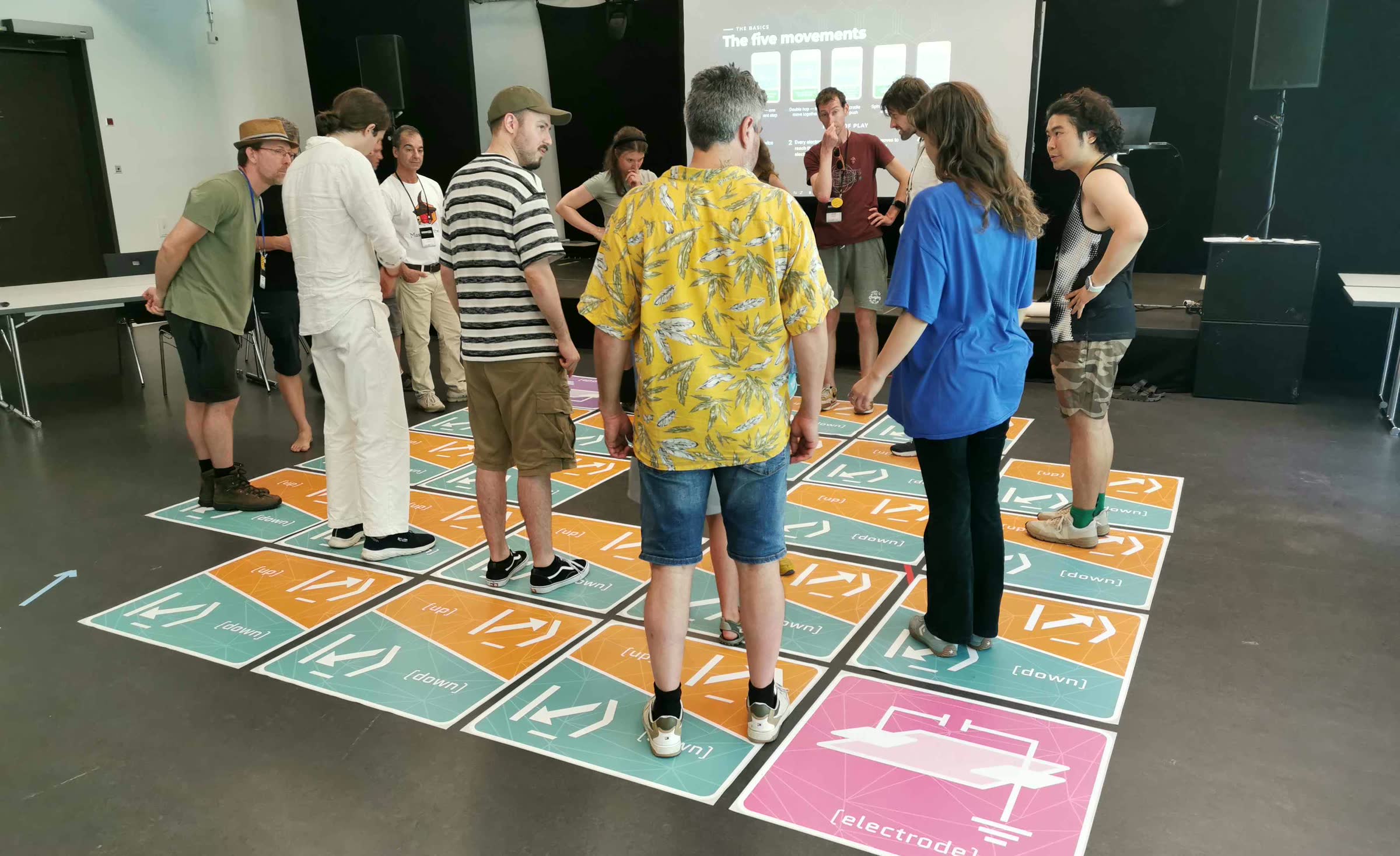 Participants standing on the |HOP⟩ floor board during a workshop